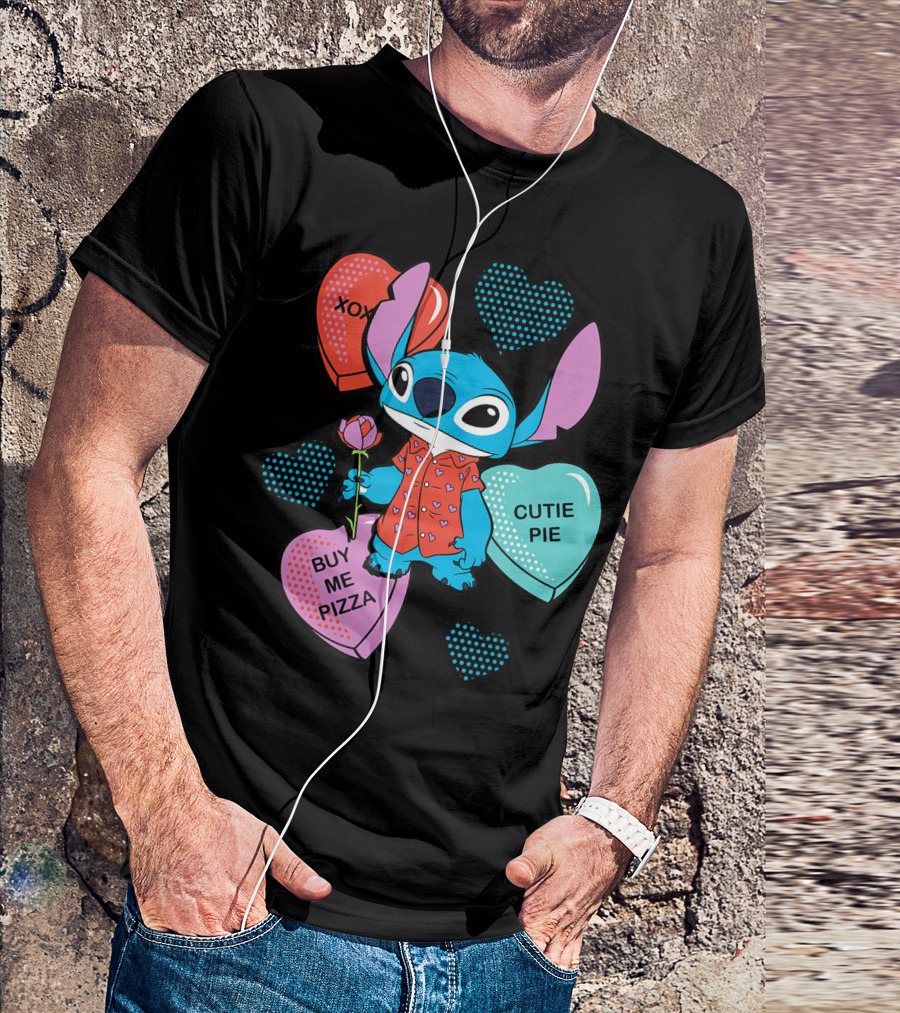 Disney Stitch XOXO Cutie Pie Buy Me Pizza Valentines Day Hearts T-Shirt
