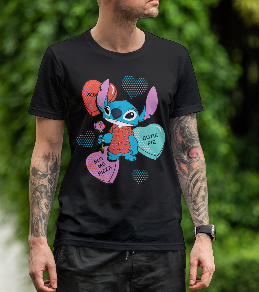 Disney Stitch XOXO Cutie Pie Buy Me Pizza Valentines Day Hearts T-Shirt