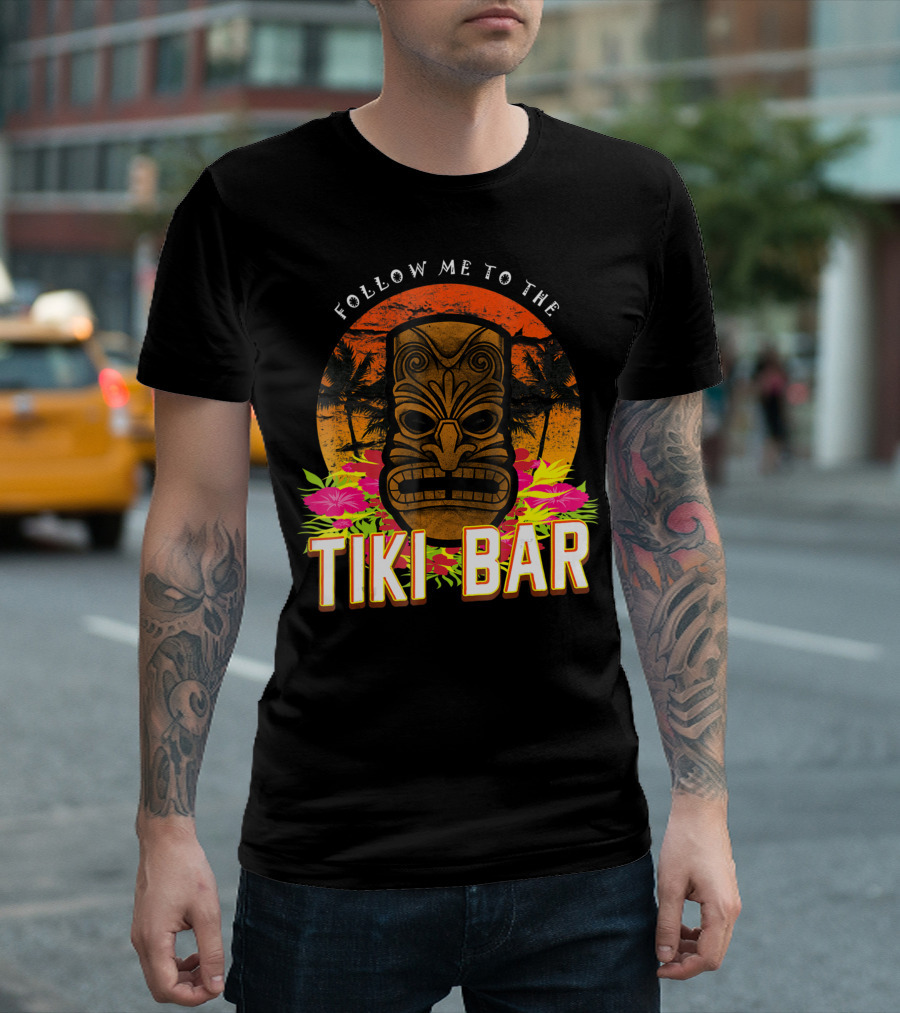 Follow Me To The Tiki Bar Hawaiian Luau Party Mask and Hibiscus Flowers T-Shirt