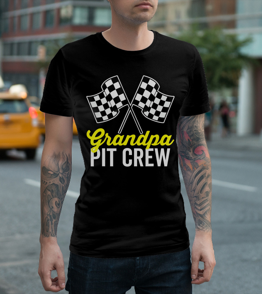 Grandpa Pit Crew Racing Party Team Costume Checkered Flags T-Shirt