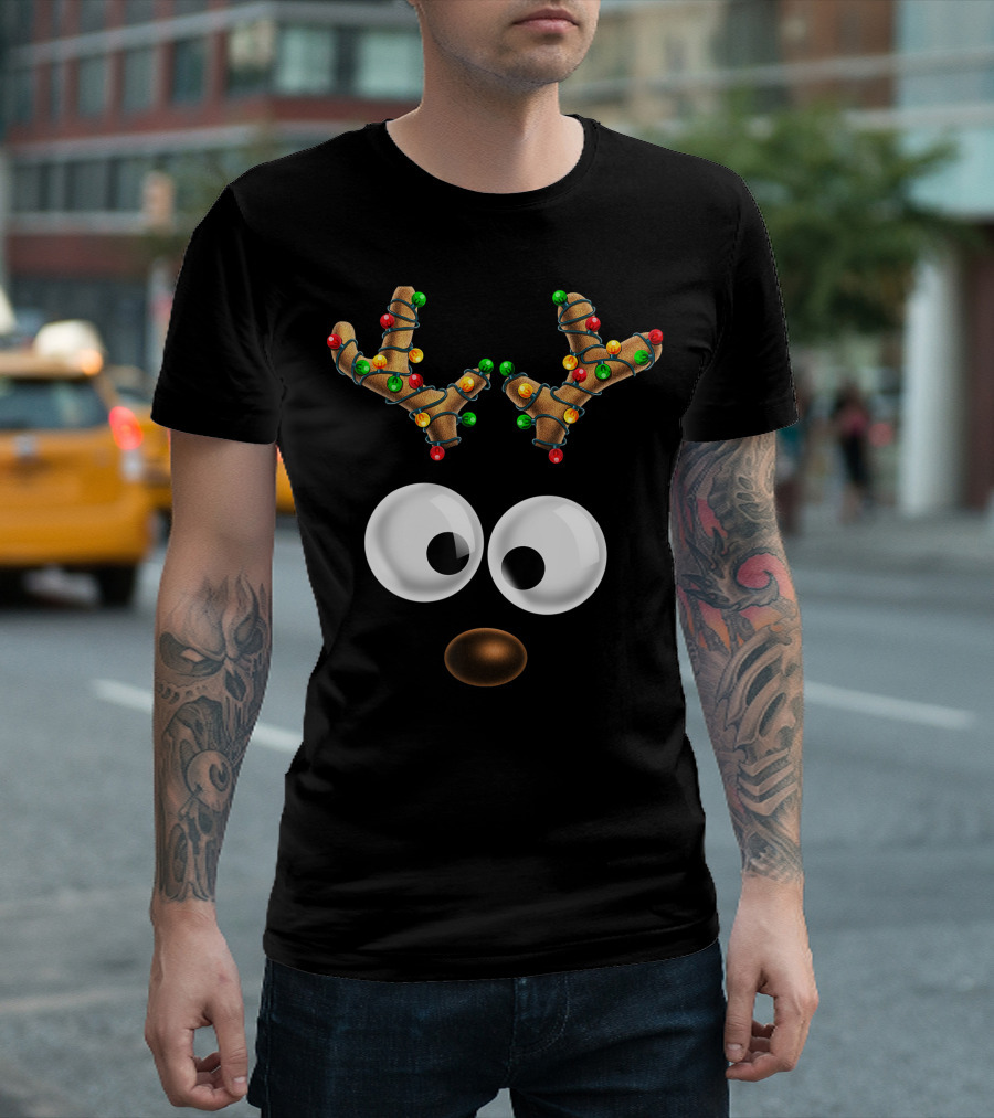 Matching Family Christmas Reindeer Face with Festive Antlers and Big Eyes T-Shirt