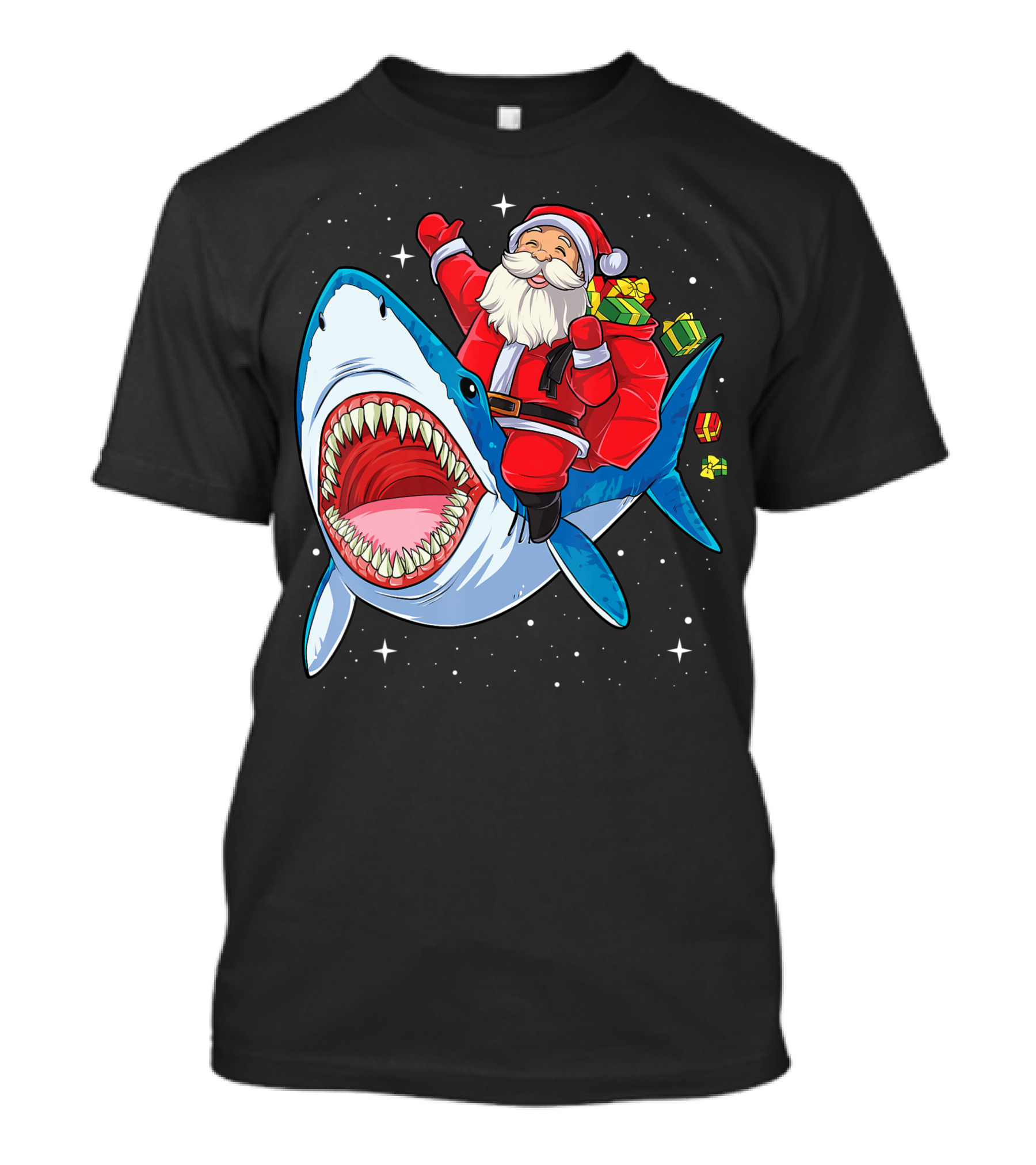 Santa Riding Shark With Christmas Gifts In Space Galaxy T-Shirt