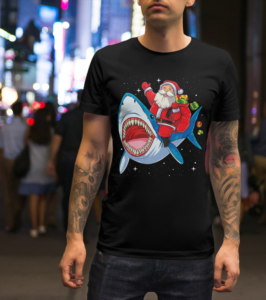 Santa Riding Shark With Christmas Gifts In Space Galaxy T-Shirt