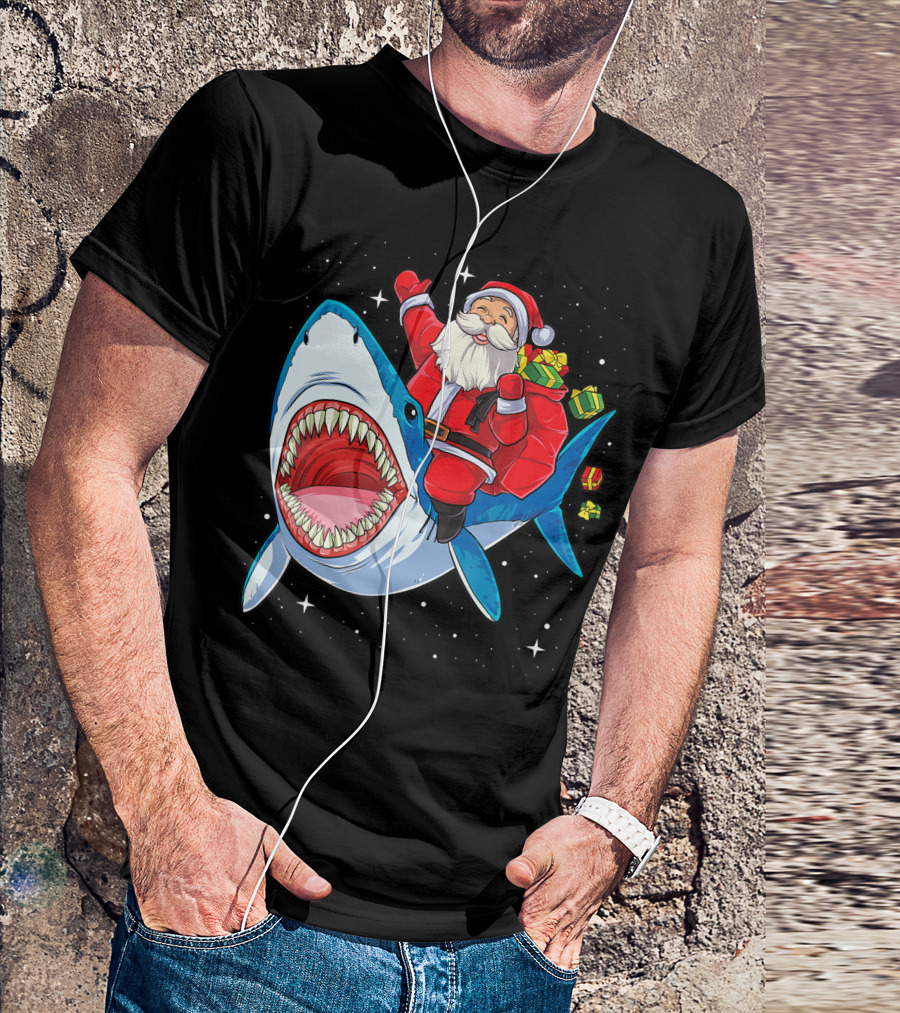 Santa Riding Shark With Christmas Gifts In Space Galaxy T-Shirt