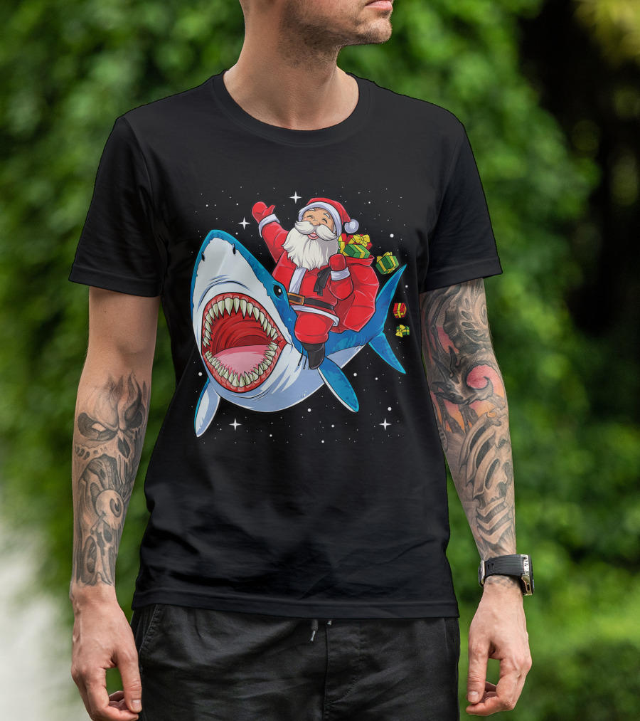 Santa Riding Shark With Christmas Gifts In Space Galaxy T-Shirt
