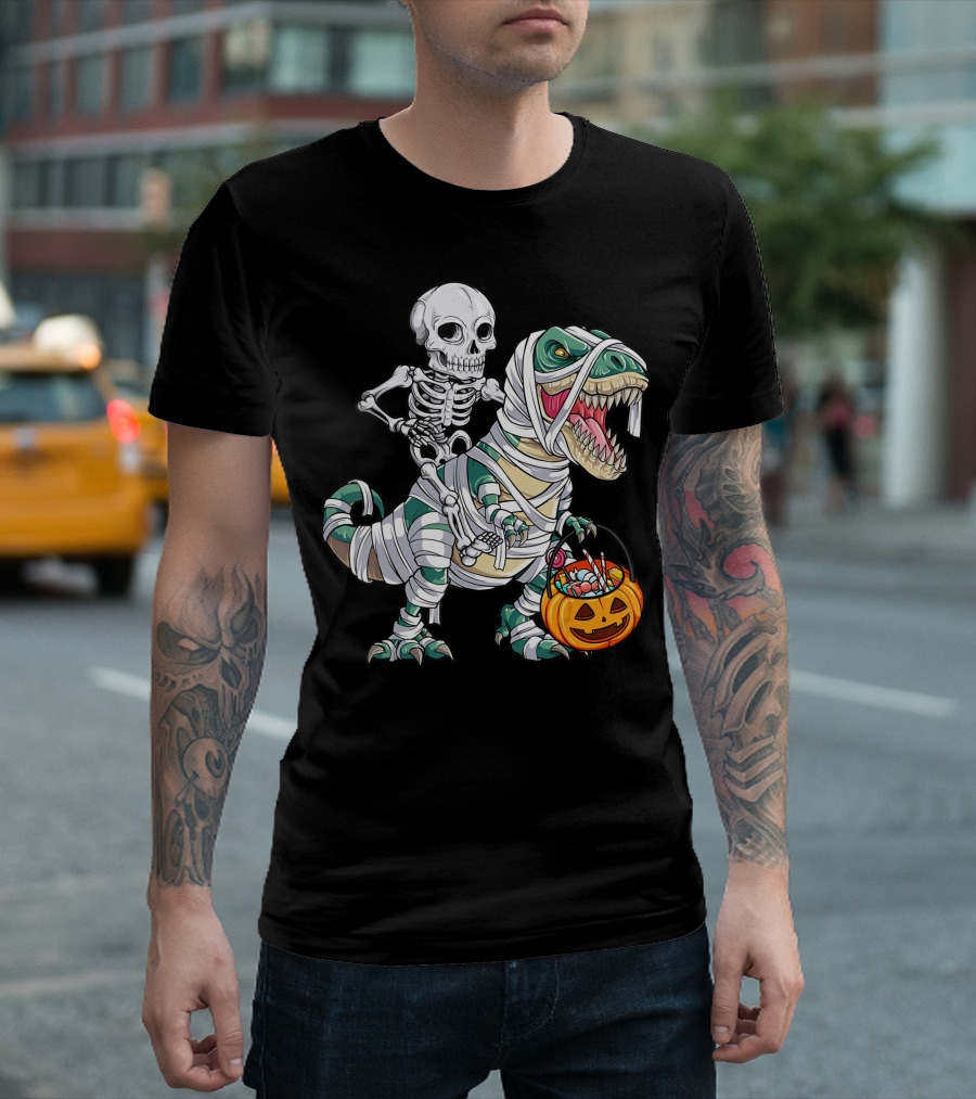 Skeleton Riding Mummy T-Rex Carrying Pumpkin Basket T-Shirt