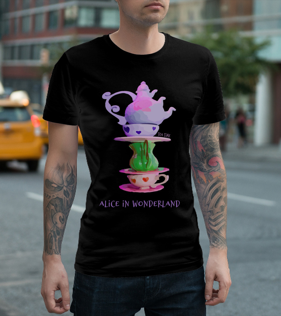 Alice In Wonderland Tea Time Teapot And Teacup Stack T-Shirt