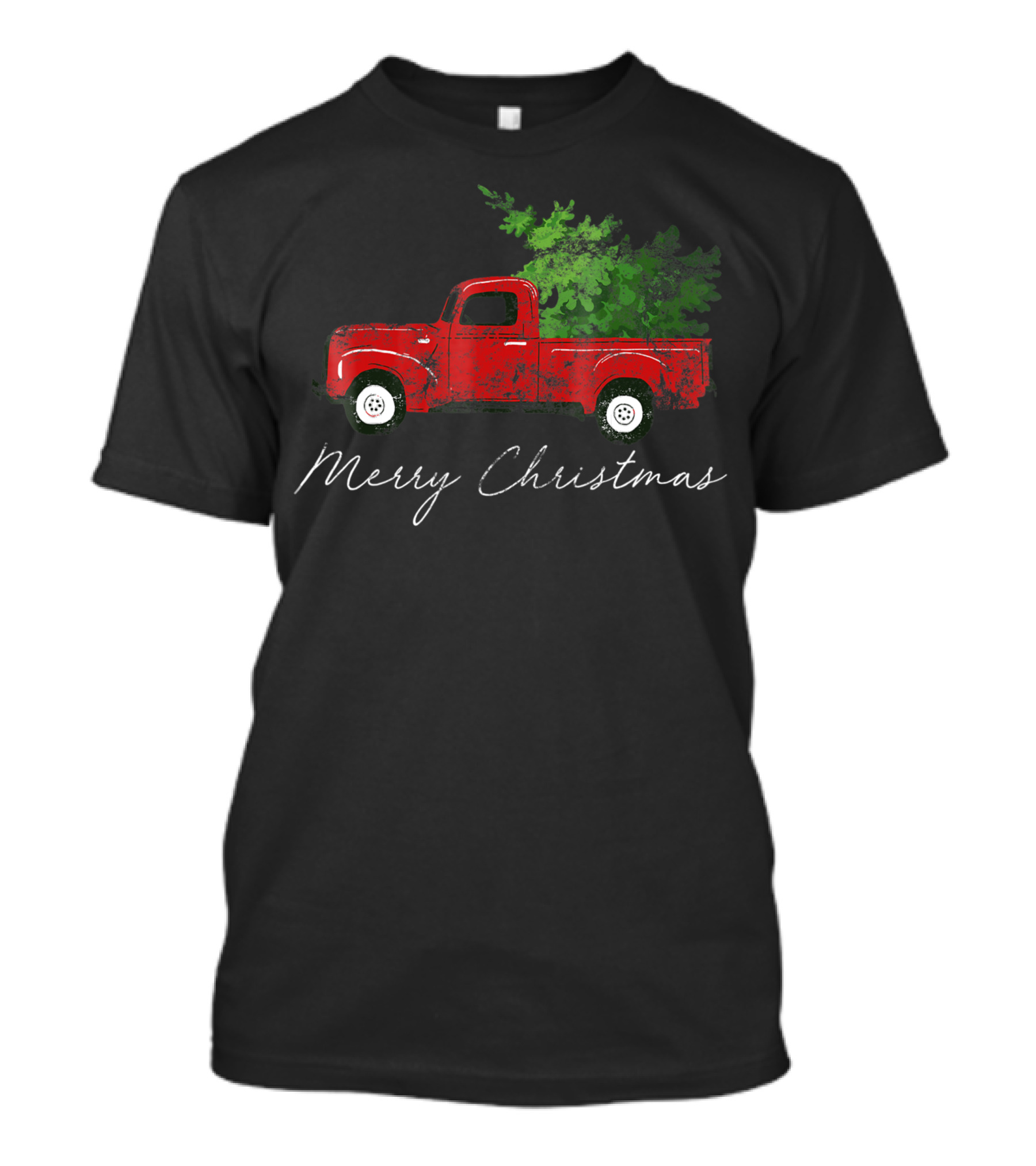 Merry Christmas Vintage Wagon With Tree On Red Truck T-Shirt