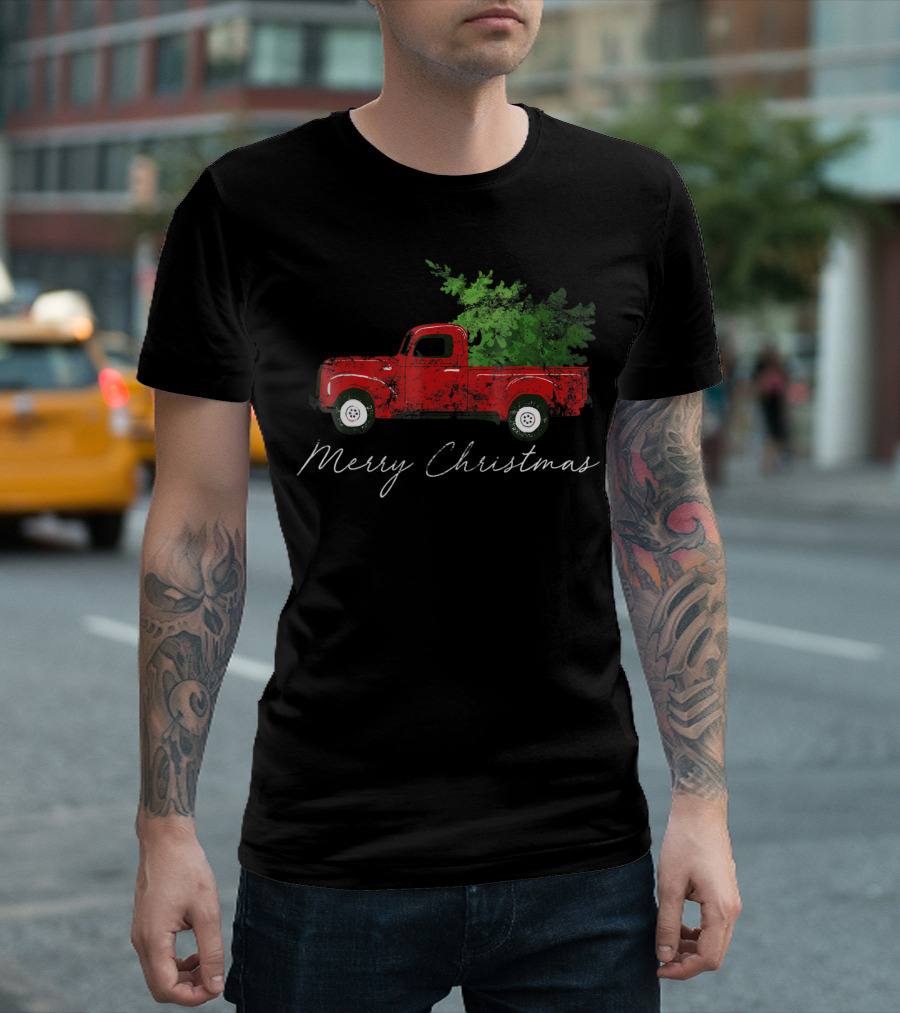 Merry Christmas Vintage Wagon With Tree On Red Truck T-Shirt