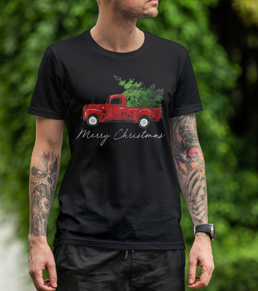 Merry Christmas Vintage Wagon With Tree On Red Truck T-Shirt