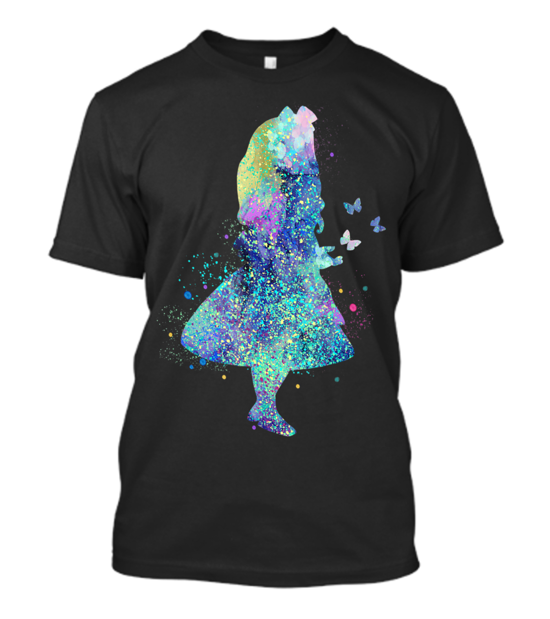Alice In Wonderland Watercolor Splatter Silhouette With Butterflies T-Shirt