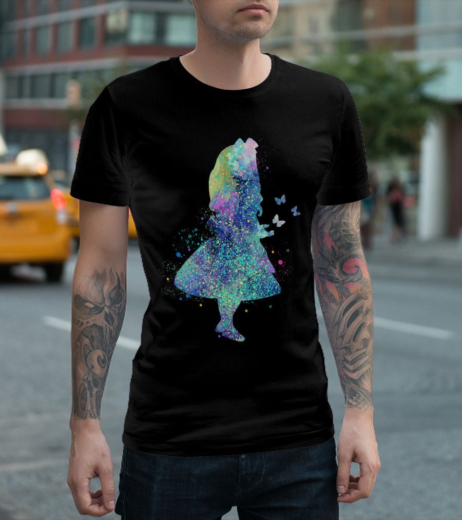 Alice In Wonderland Watercolor Splatter Silhouette With Butterflies T-Shirt