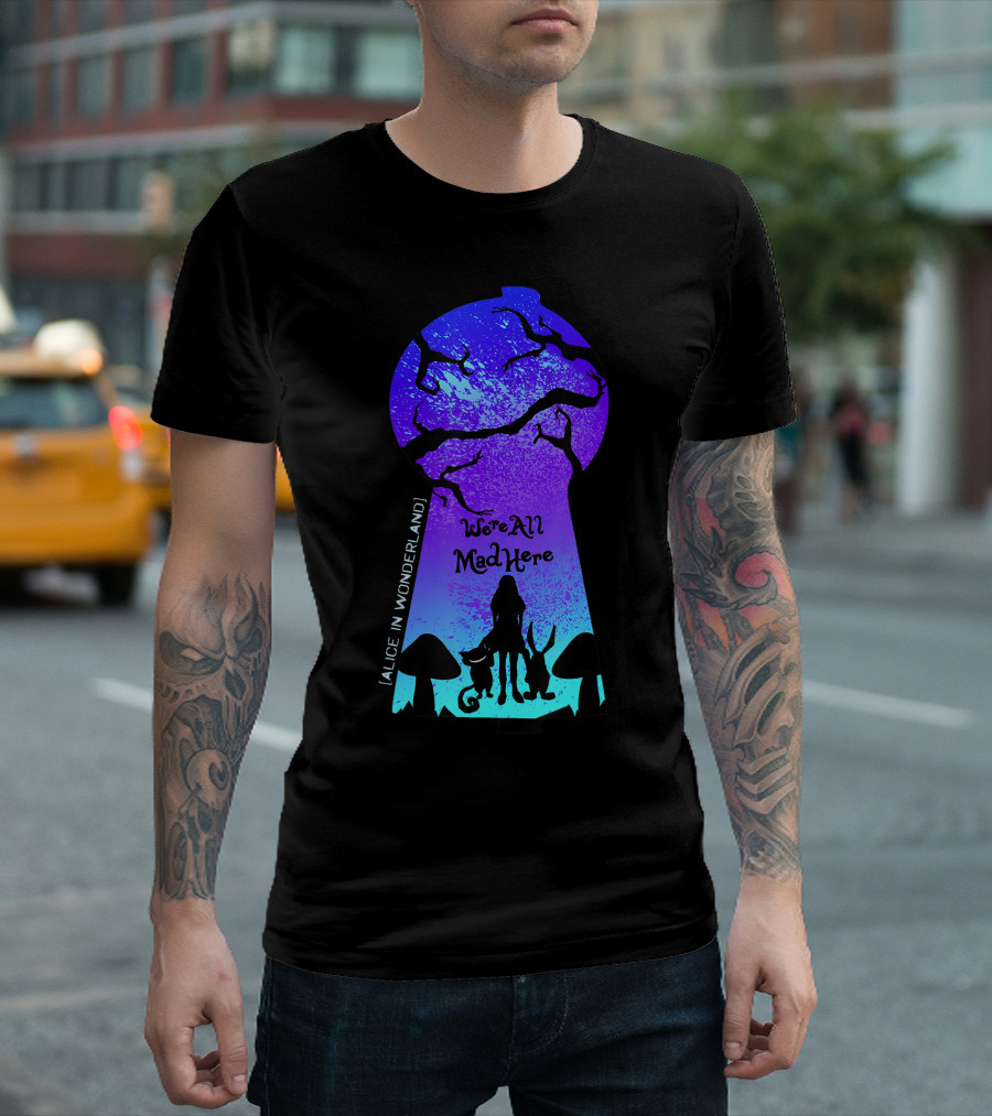 Alice in Wonderland We're All Mad Here Keyhole Cheshire Cat and Rabbit T-Shirt