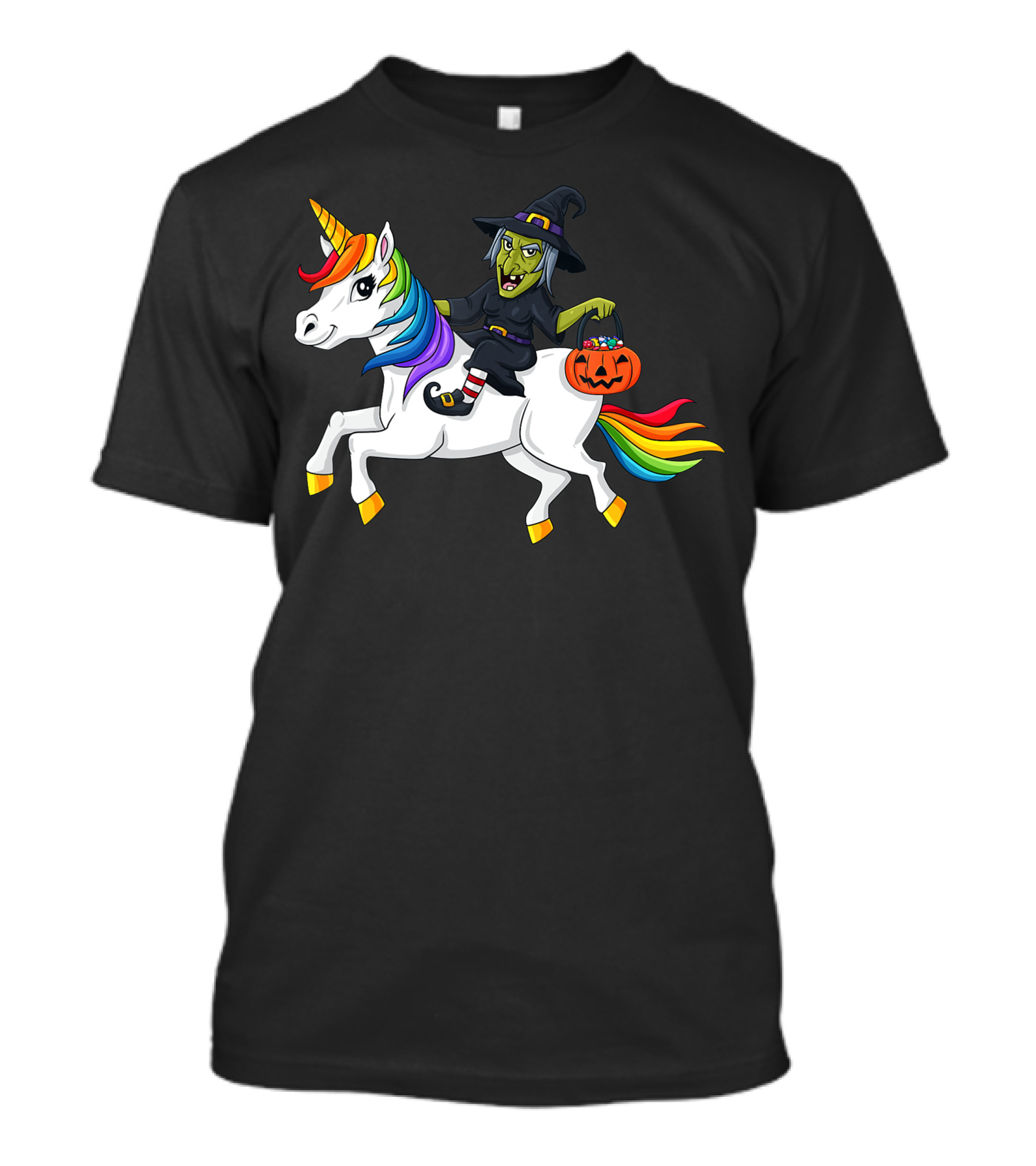 Witch On Rainbow Unicorn With Pumpkin Halloween Girls T-Shirt
