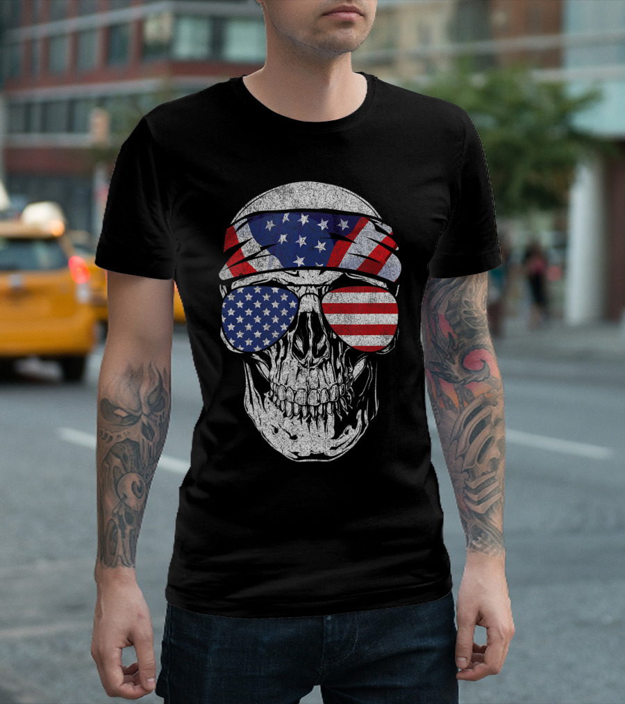 American Flag Skull Bandana Sunglasses Patriotic July T-Shirt