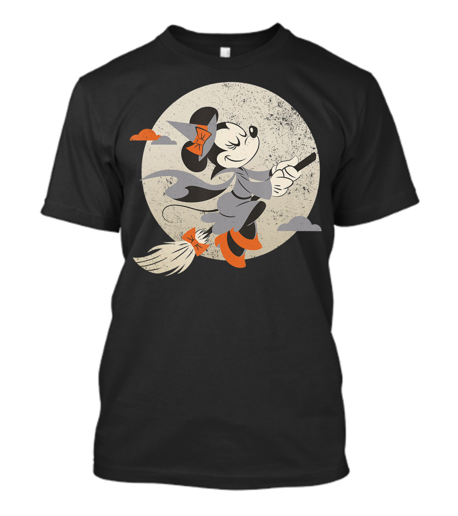Disney Halloween Minnie Mouse Witch Flying On Broomstick Moon Background T-Shirt