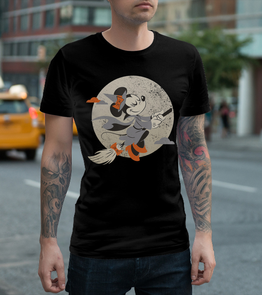 Disney Halloween Minnie Mouse Witch Flying On Broomstick Moon Background T-Shirt