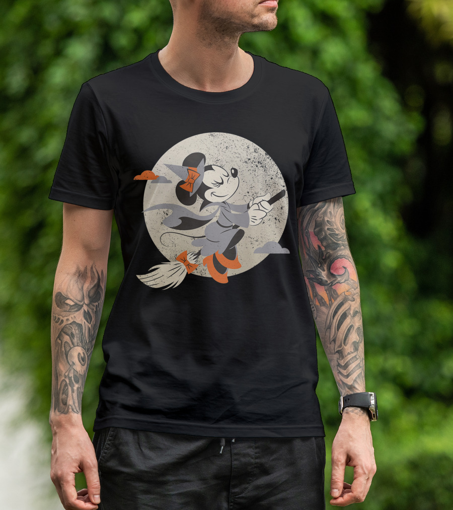 Disney Halloween Minnie Mouse Witch Flying On Broomstick Moon Background T-Shirt