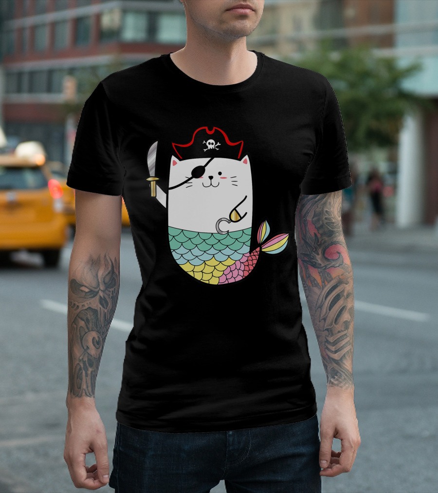 Halloween Cat Pirate Mermaid with Eyepatch and Hook Tail T-Shirt