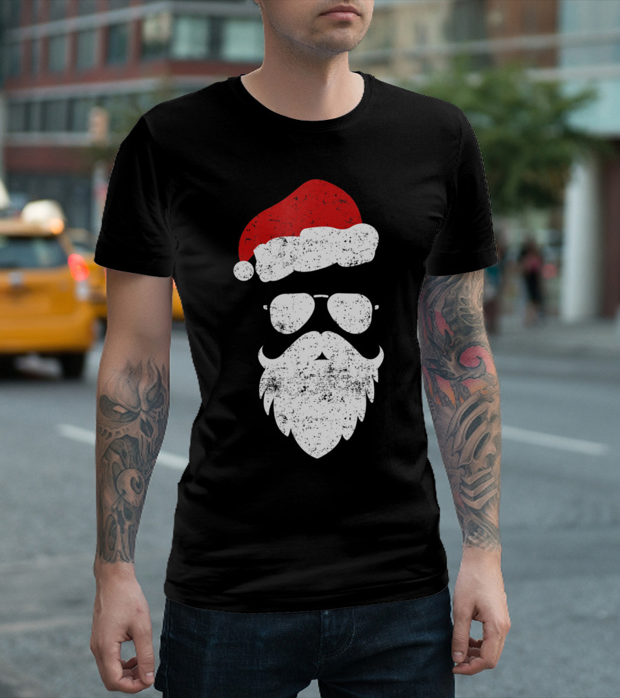 Hipster Santa Beard With Aviator Sunglasses And Christmas Hat T-Shirt