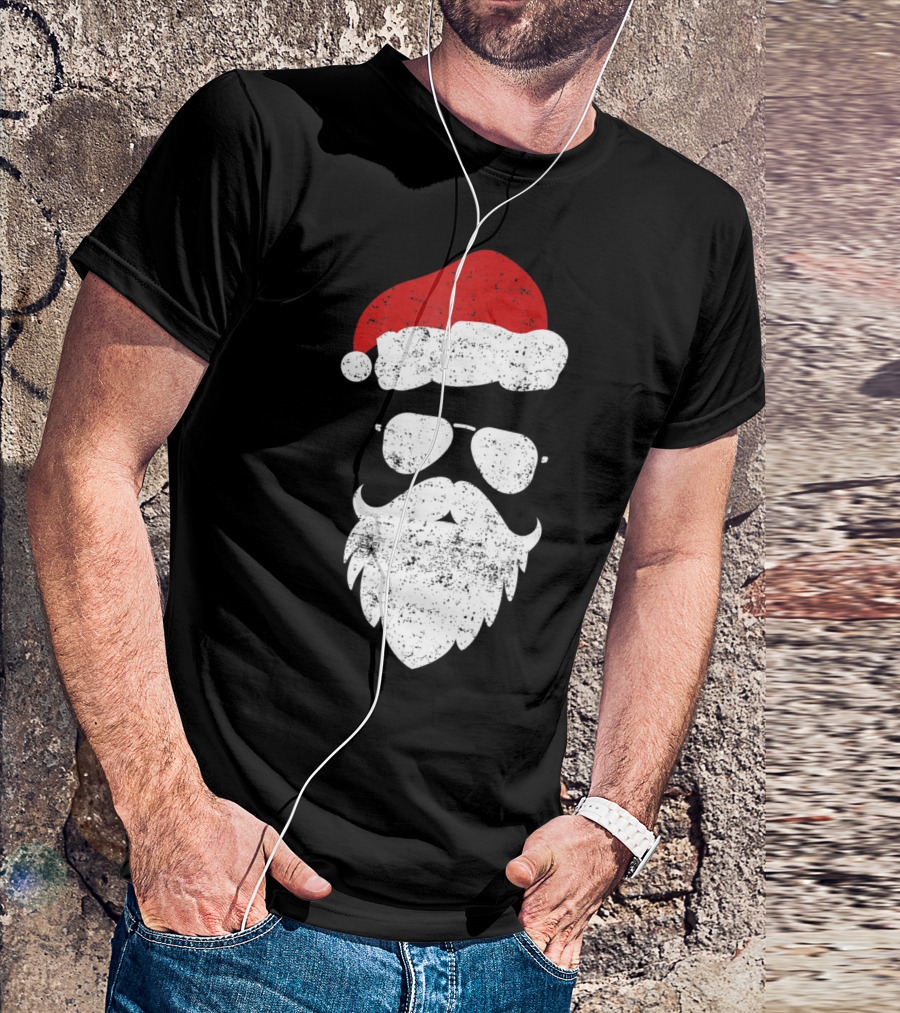 Hipster Santa Beard With Aviator Sunglasses And Christmas Hat T-Shirt