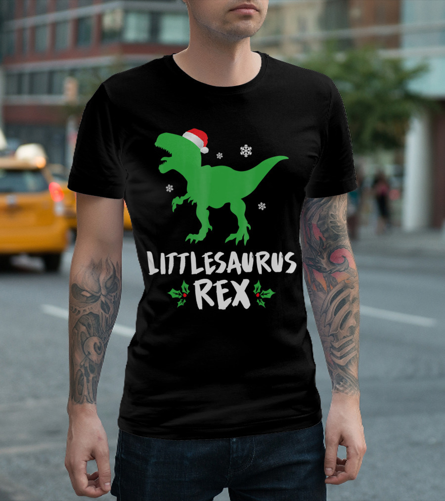 Littlesaurus Rex Family Christmas Dinosaur with Santa Hat and Snowflakes T-Shirt