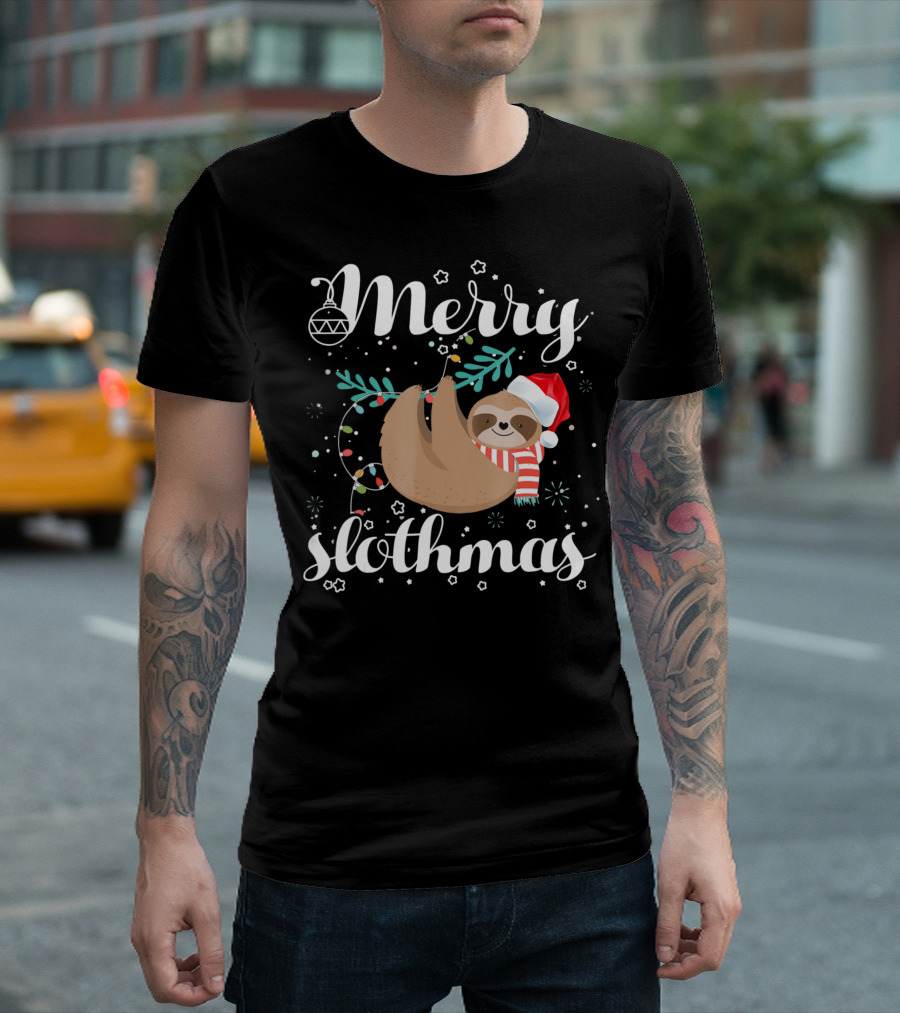 Merry Slothmas Christmas Sloth with Santa Hat and Scarf T-Shirt