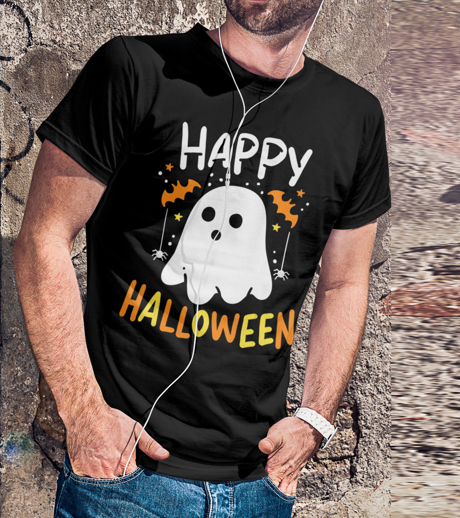 Happy Halloween Ghost With Bat Decorations T-Shirt