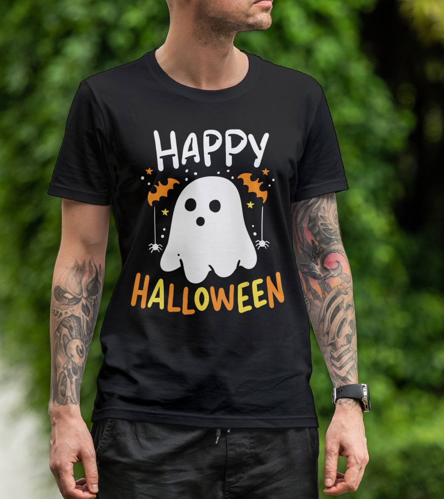 Happy Halloween Ghost With Bat Decorations T-Shirt