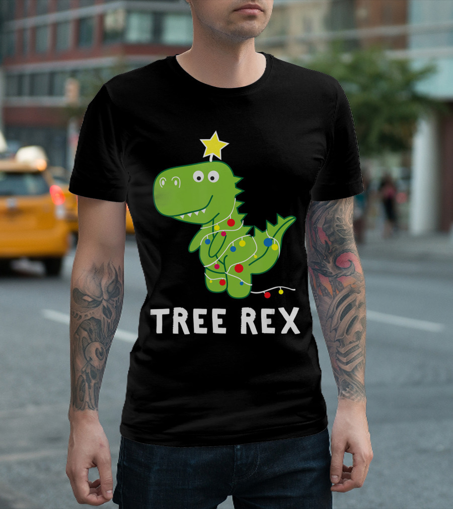 Tree Rex Festive Dinosaur Christmas Lights Star T-Shirt