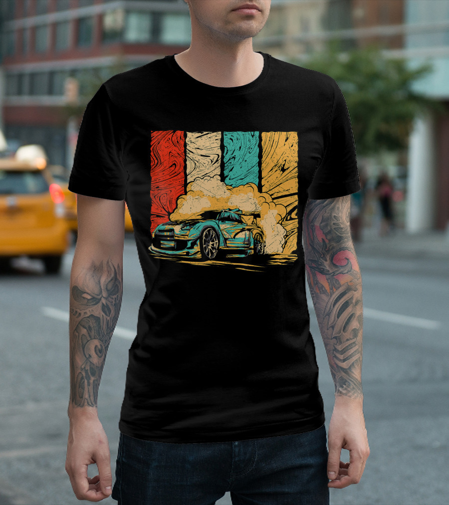 Vintage Drift Racecar Motive With Colorful Abstract Background T-Shirt