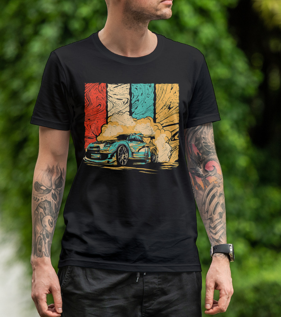 Vintage Drift Racecar Motive With Colorful Abstract Background T-Shirt