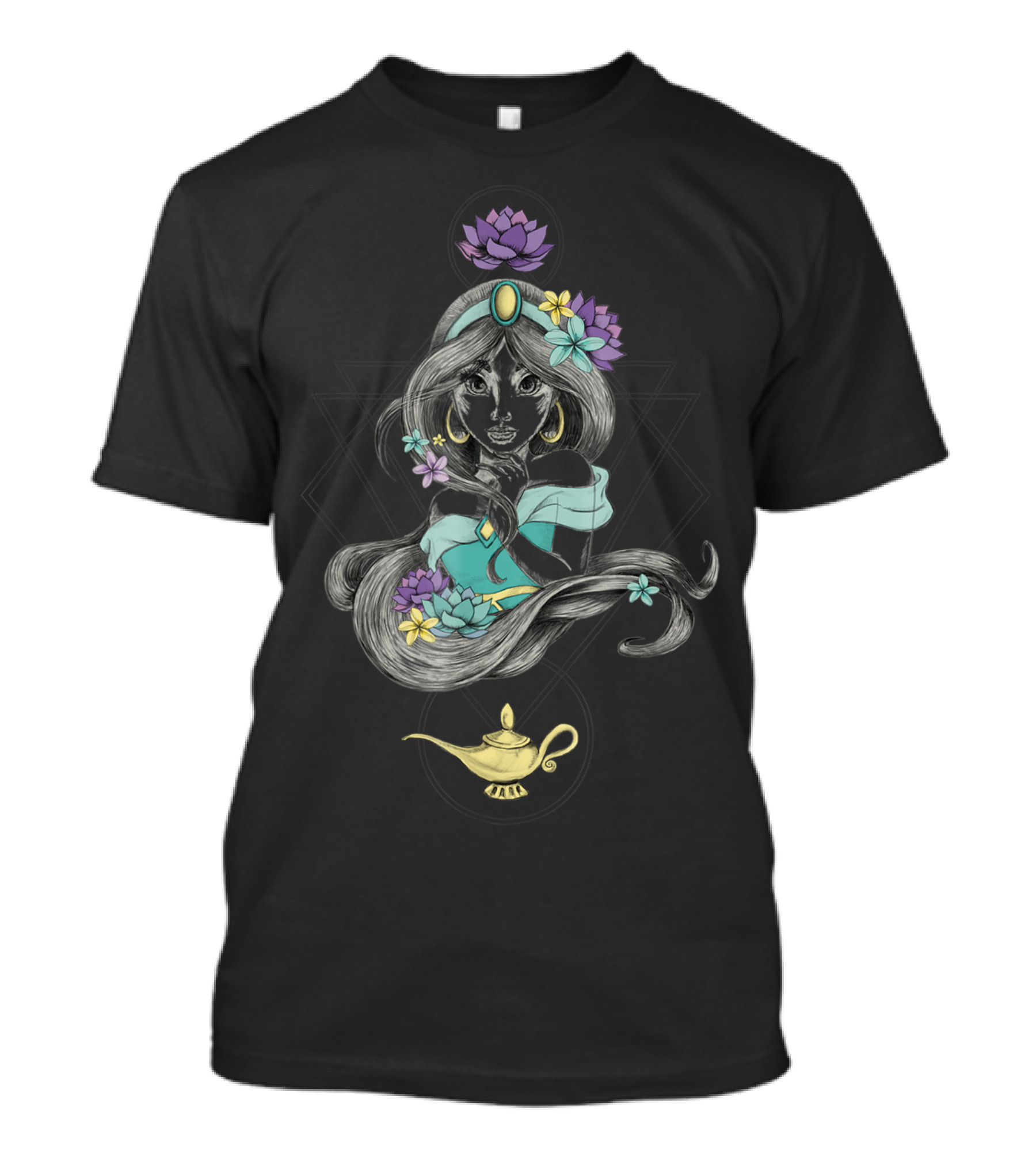 Disney Aladdin Jasmine With Colorful Boho Floral And Magic Lamp T-Shirt
