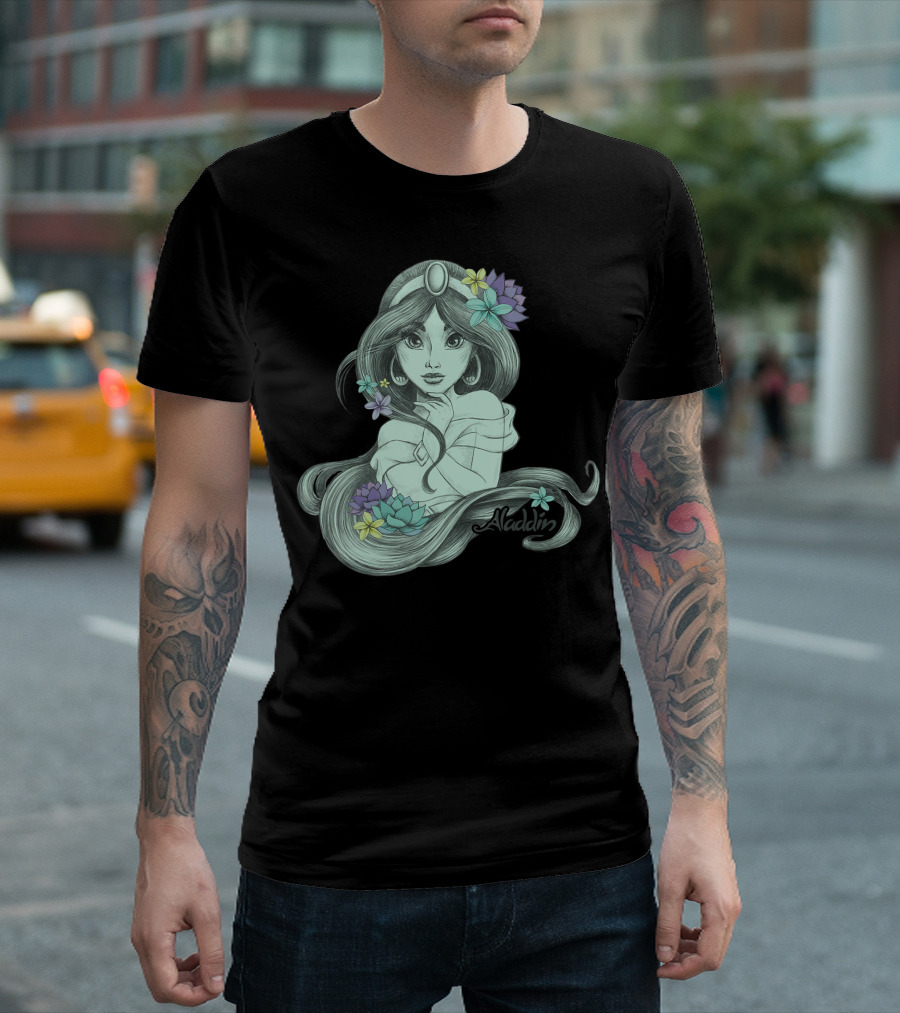 Disney Aladdin Jasmine Floral Tonal Sketch T-Shirt