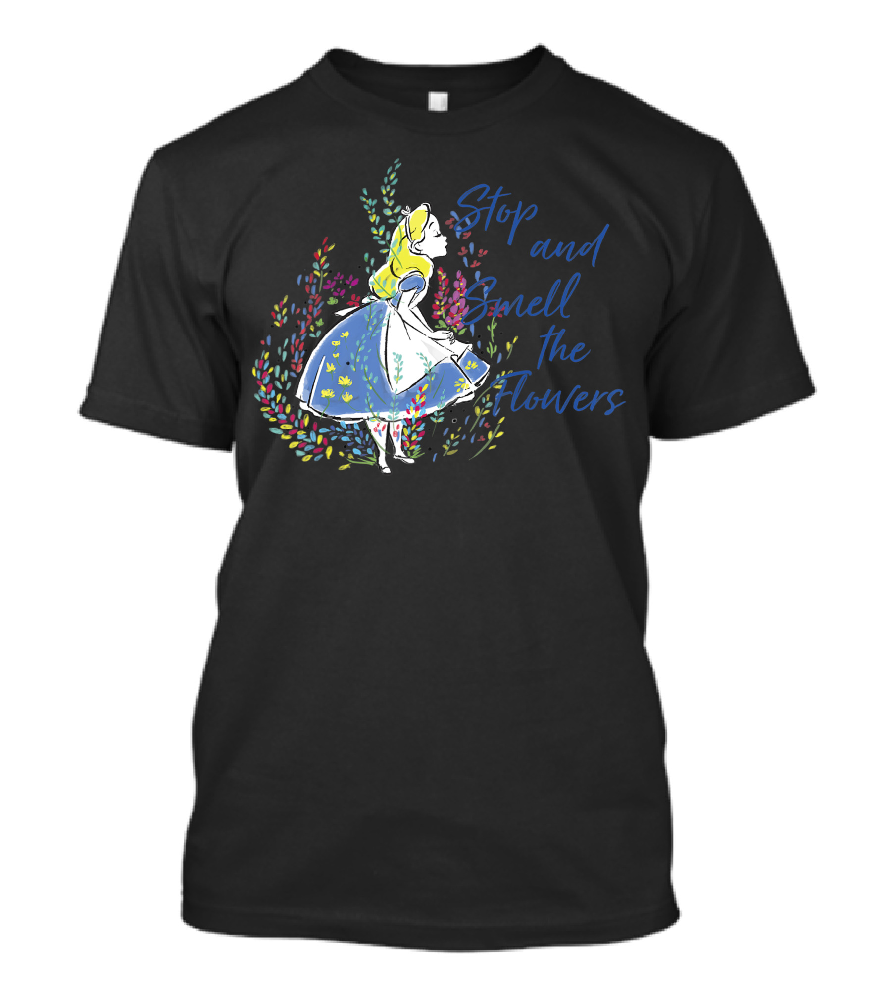 Disney Alice In Wonderland Stop And Smell The Flowers Whimsical Floral Scene T-Shirt