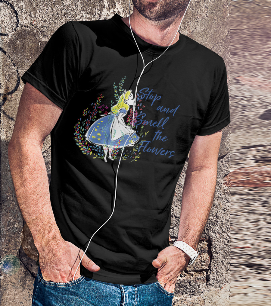 Disney Alice In Wonderland Stop And Smell The Flowers Whimsical Floral Scene T-Shirt