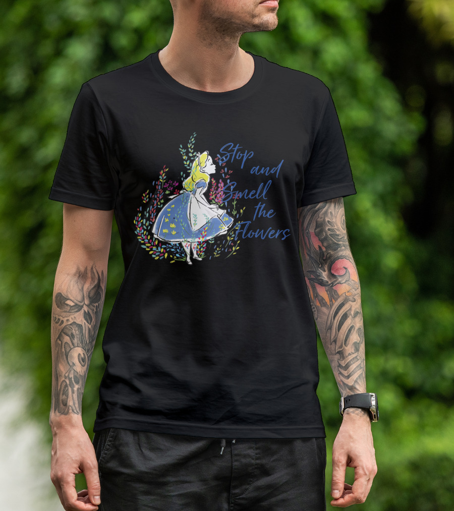 Disney Alice In Wonderland Stop And Smell The Flowers Whimsical Floral Scene T-Shirt
