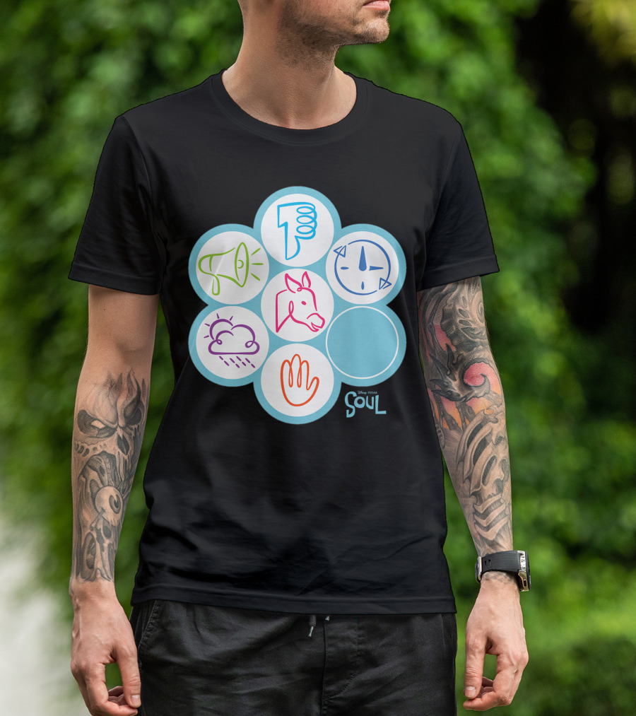 Disney Pixar Soul 22 Earth Pass Icons Thumbs Down Megaphone Compass Rain Cloud Horse Hand T-Shirt