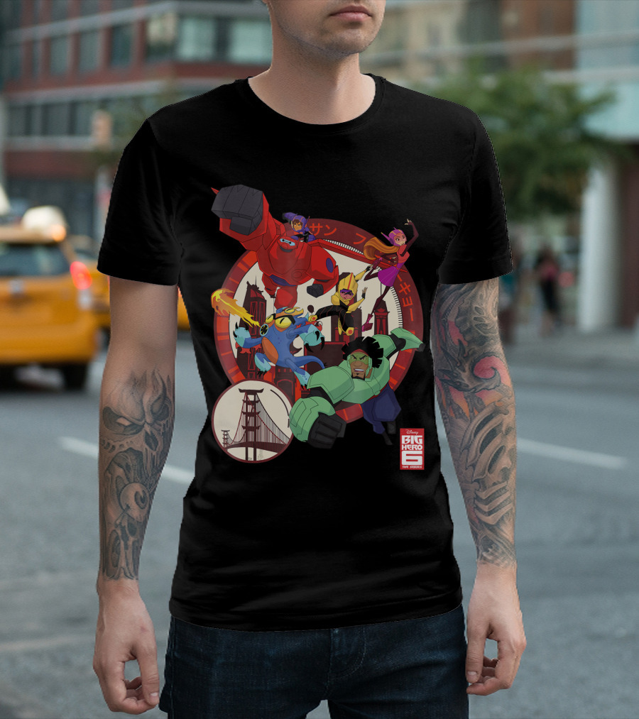 Disney Big Hero 6 TV Series Team Circle with Baymax and City Background T-Shirt