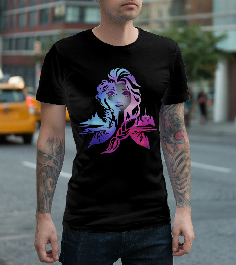 Disney Frozen 2 Elsa Castle Landscape Two Tone Gradient T-Shirt