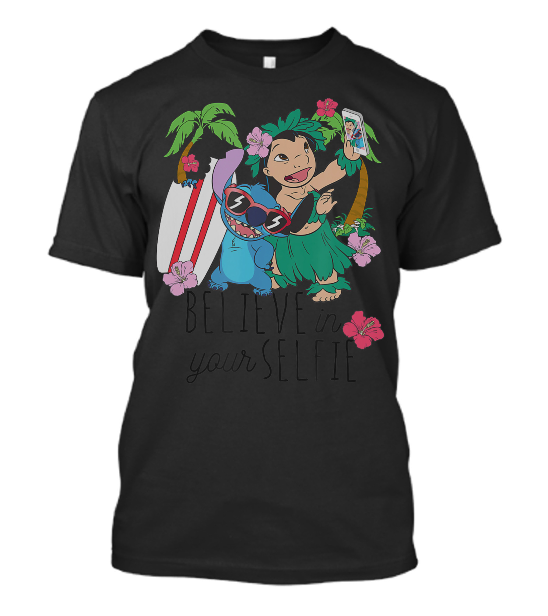 Disney Lilo And Stitch Believe In Your Selfie Palm Trees Surfboard Hawaiian Flowers T-Shirt