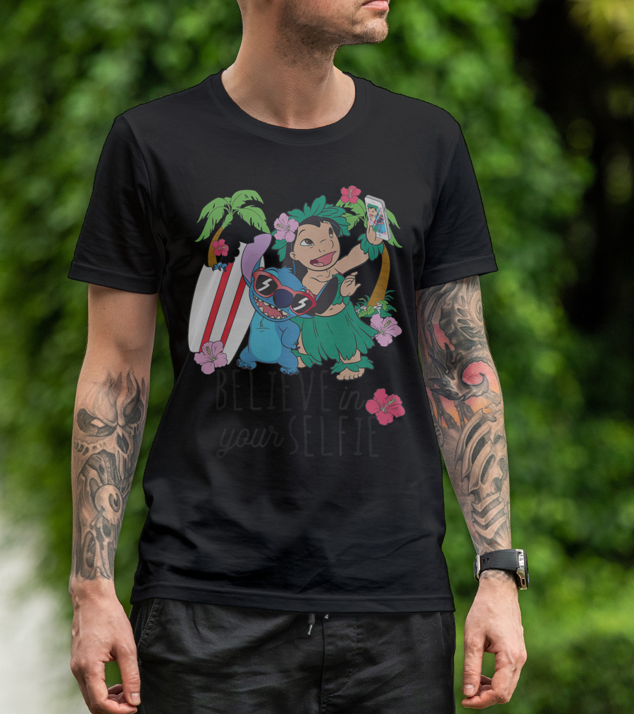 Disney Lilo And Stitch Believe In Your Selfie Palm Trees Surfboard Hawaiian Flowers T-Shirt