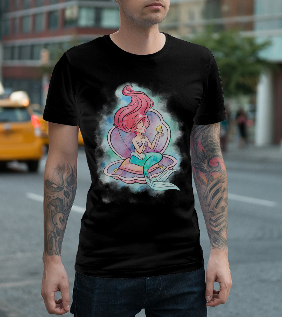 Disney Little Mermaid Ariel Sitting in Watercolor Seashell T-Shirt
