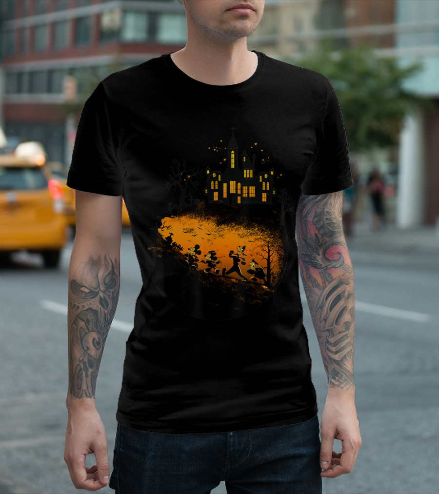 Disney Mickey And Friends Halloween Haunted House Silhouette Scene T-Shirt