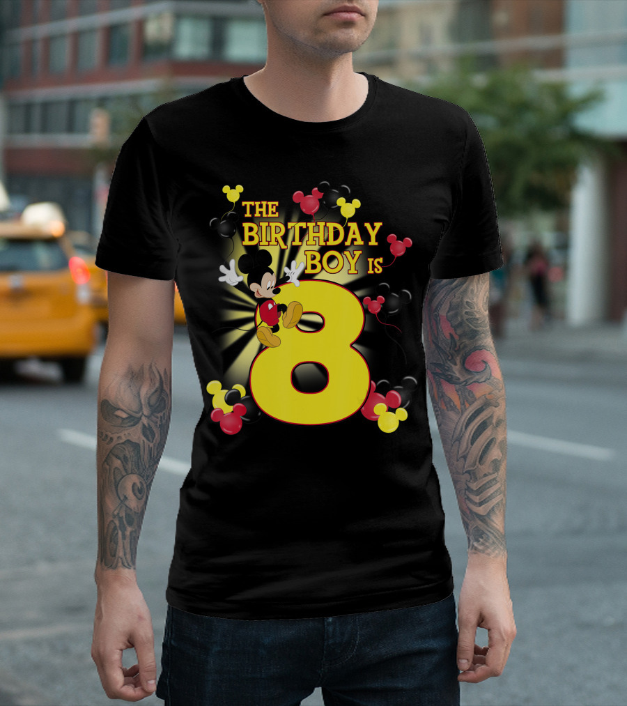 Disney Mickey The Birthday Boy Is 8 Balloons T-Shirt
