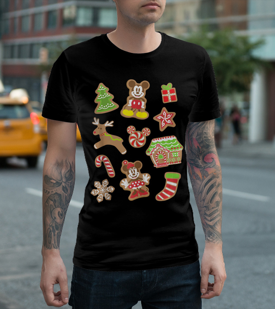 Disney Mickey Minnie Christmas Gingerbread Cookies Tree Reindeer Candy Cane House T-Shirt