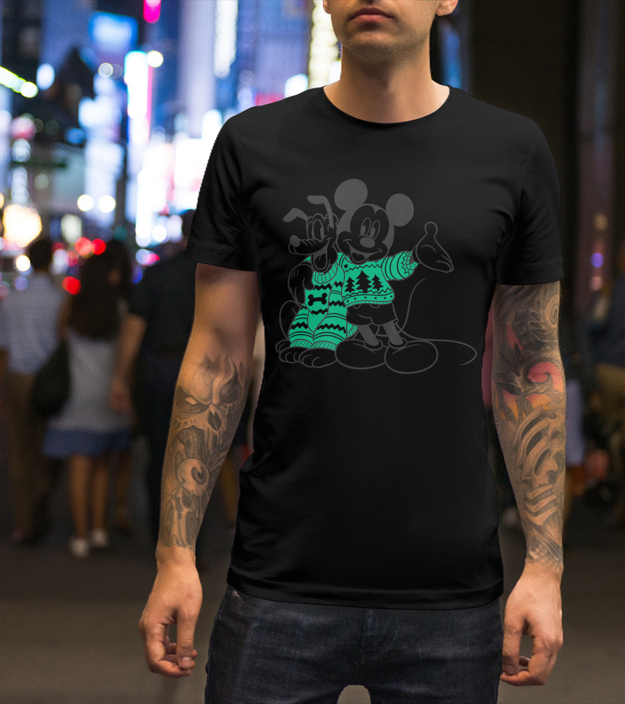 Disney Mickey Pluto Christmas Sweater Outline T-Shirt