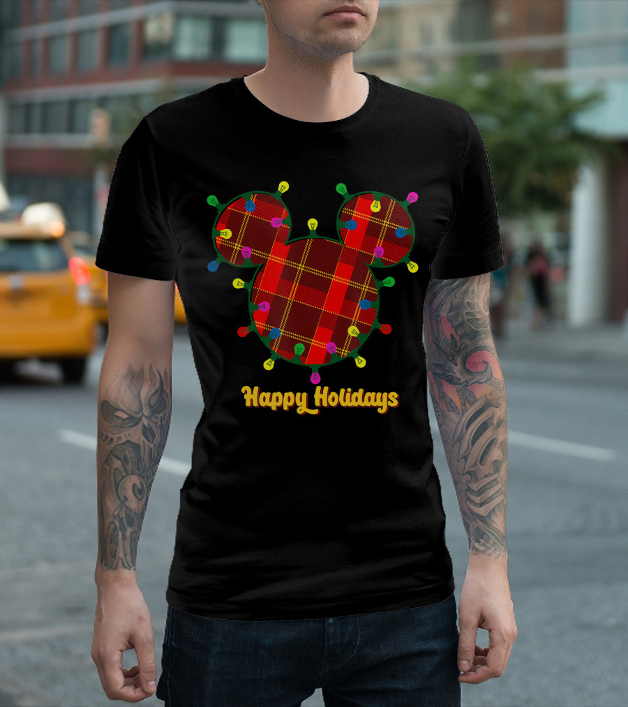 Disney Mickey Happy Holidays Plaid Christmas Lights T-Shirt