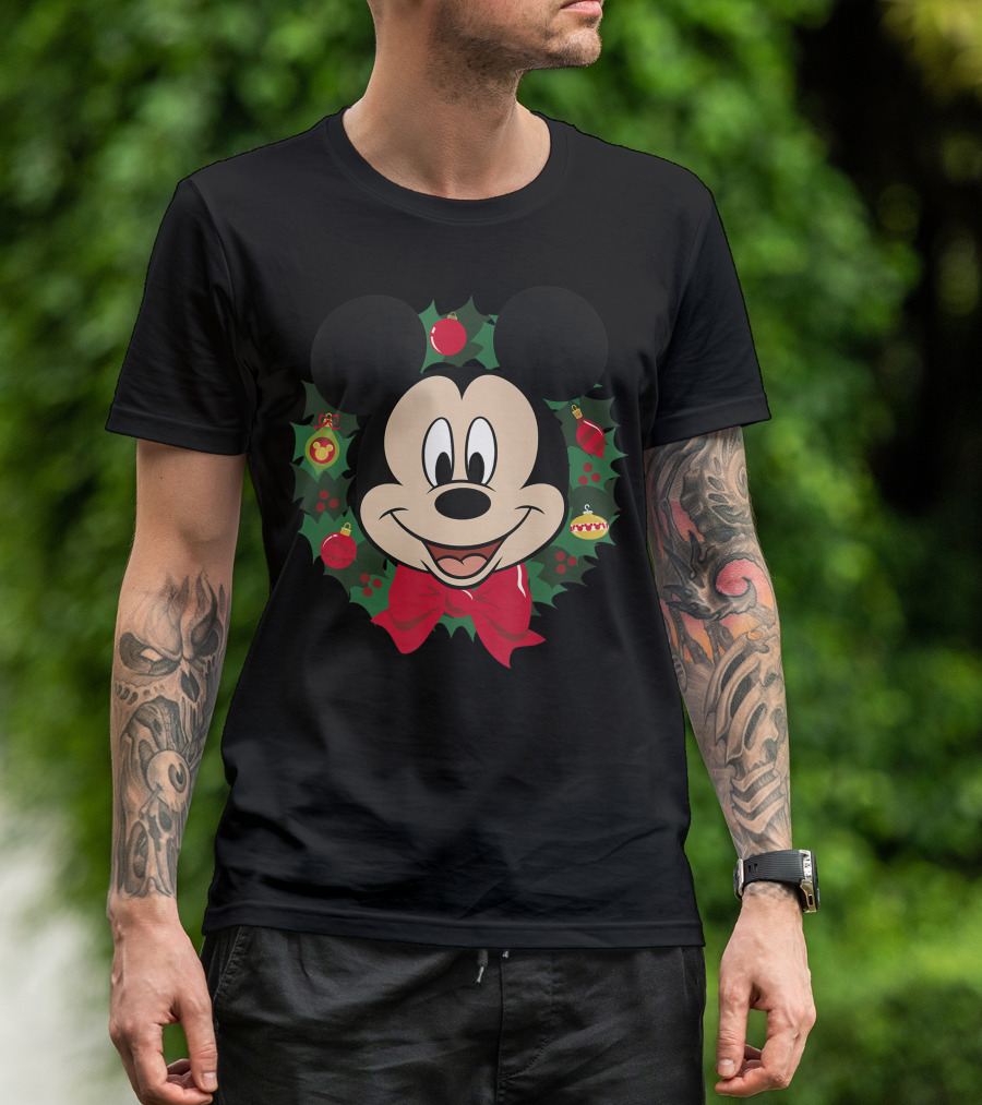 Mickey Mouse Christmas Holiday Wreath With Ornaments And Bow T-Shirt