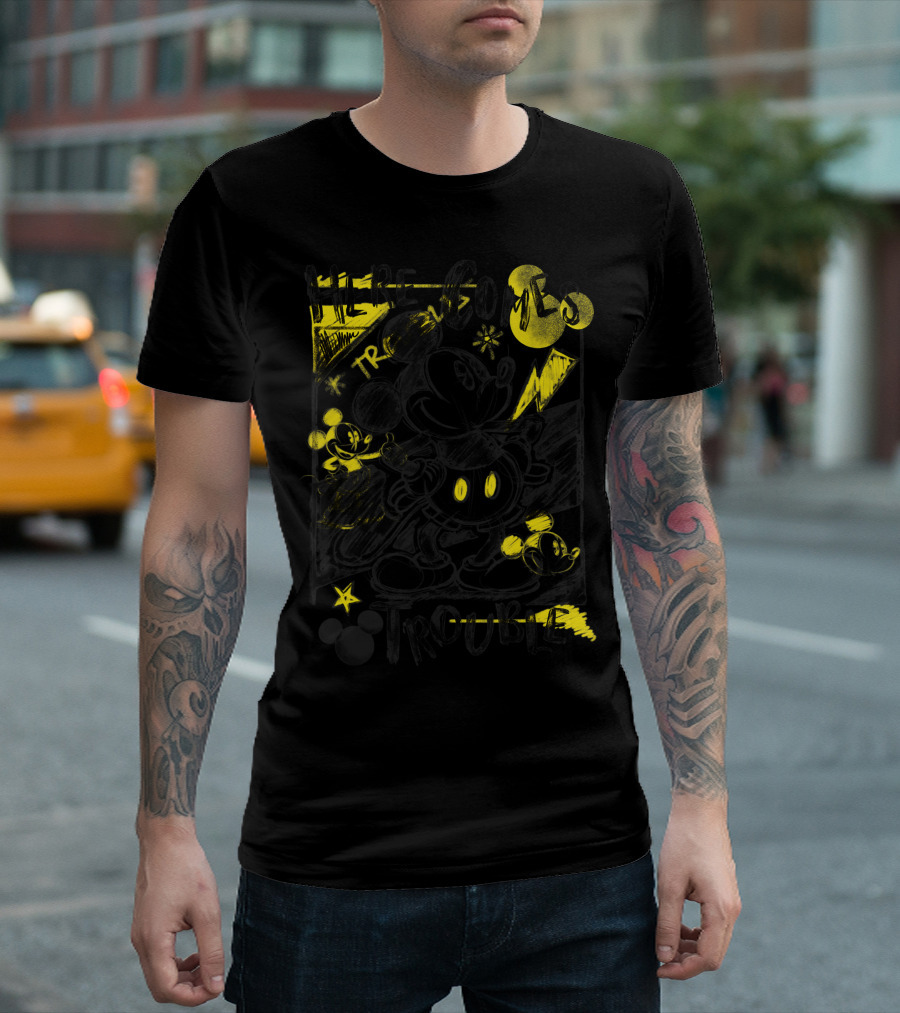 Disney Mickey Mouse Here Comes Trouble Bold Sketch Yellow Accents T-Shirt